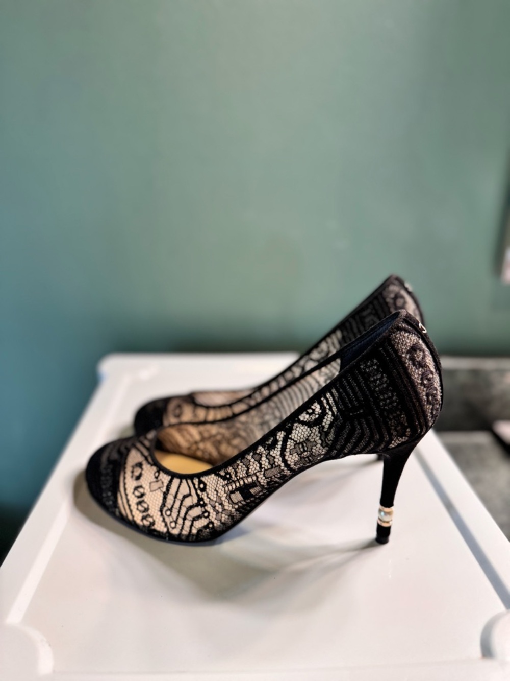 CHANEL Black Lace over Nude Pumps - Women's Heels